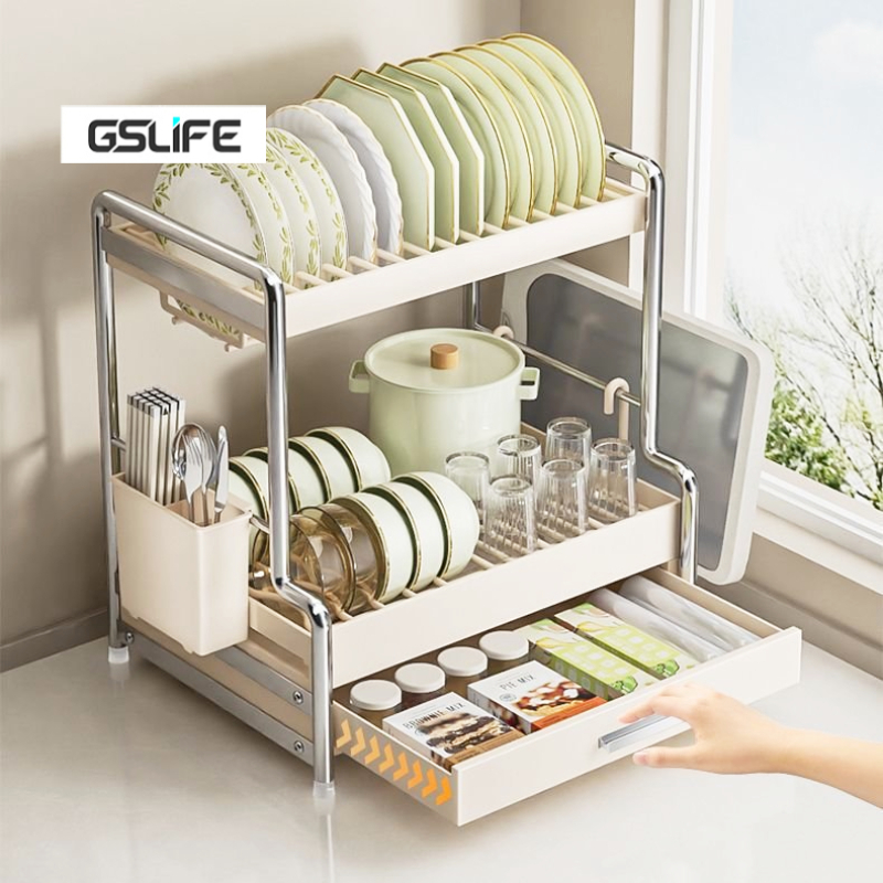 GSlife 1/2 Layer White Dish Rack Kitchen Dish Drainer Rack with Drawer ...