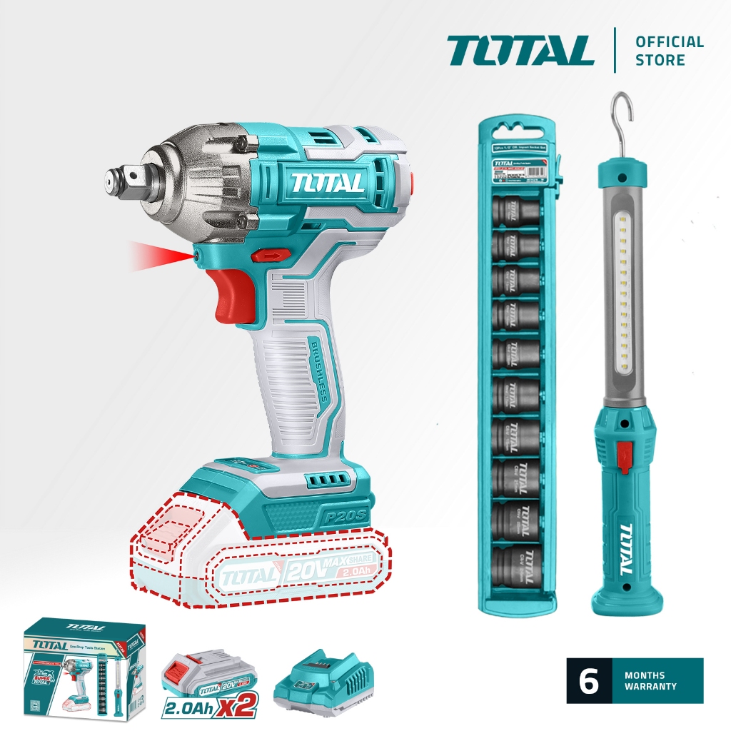 TOTAL Li-ion Cordless Combo Kit With Impact Wrench & Lamp & Accessories ...