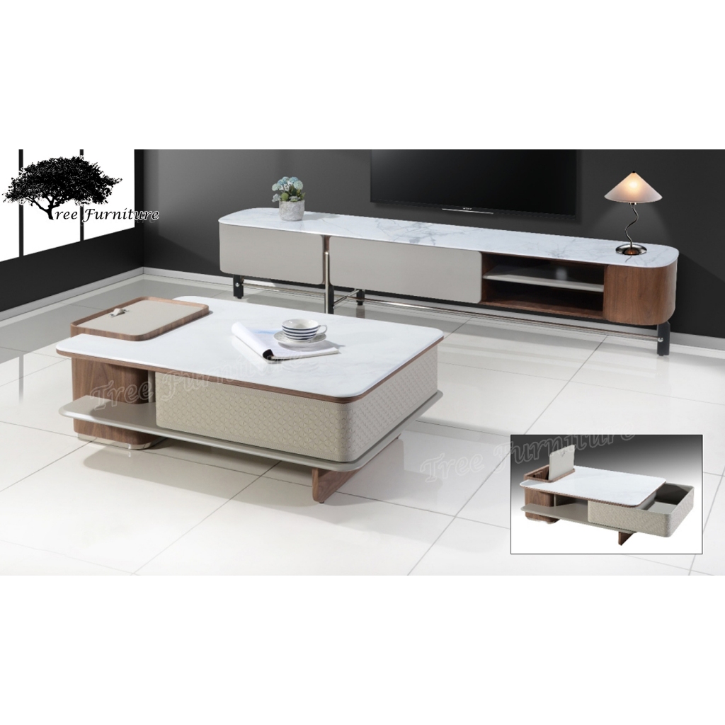 Modern Coffee Table + TV Cabinet Set [White Marble Top + Grey Frame ...