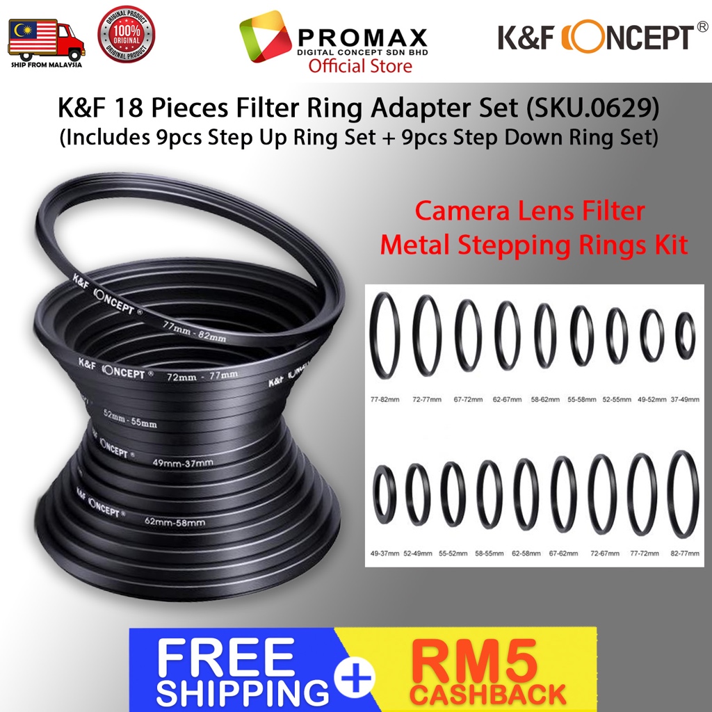 K&F 18 Pieces Filter Ring Adapter Set (SKU.0629) (Includes 9pcs Step Up ...