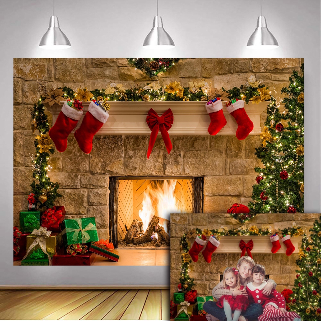 Christmas Fireplace Backdrop Xmas Tree Gift Boxes Theme Backdrop ...