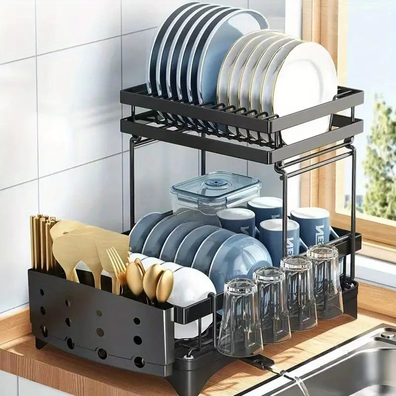 CB006 Kitchen Two-Tier Bowl and Dish Draining Rack Bowl and Chopsticks ...