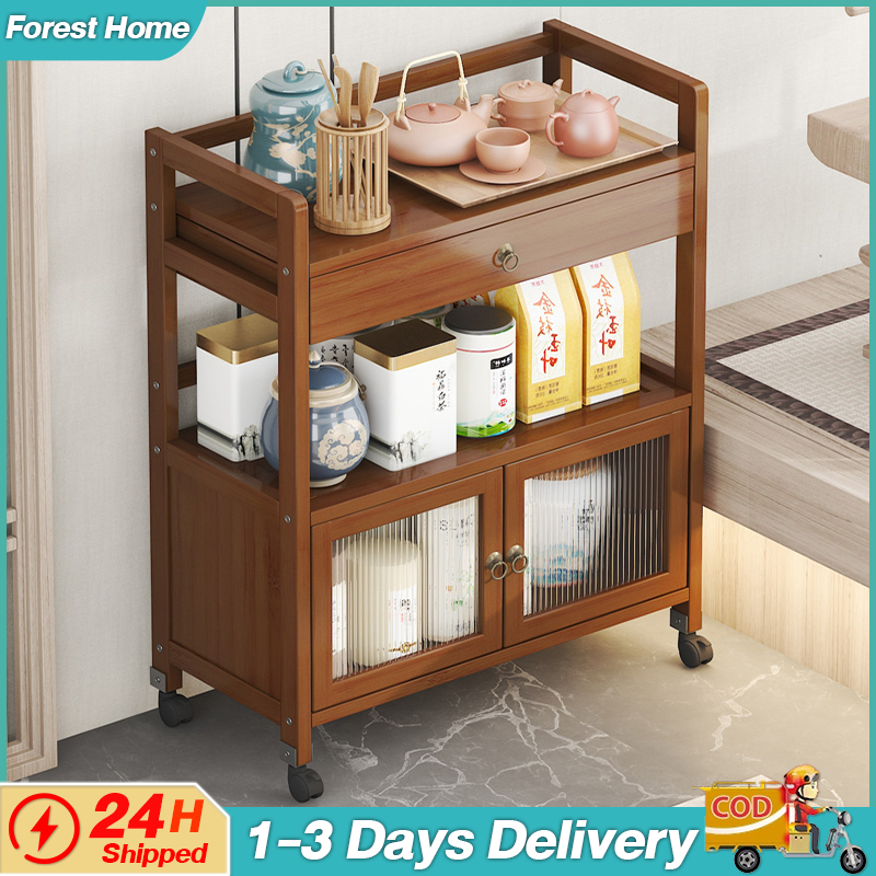 Bamboo Moving Rack With Wheels Storage Rack Organizer Multifunction ...