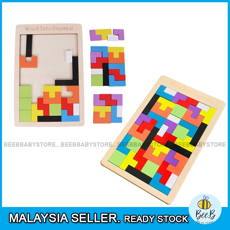 Kids Wooden Tetris Building Block Tangram 3D Jigsaw Puzzle Boarding ...