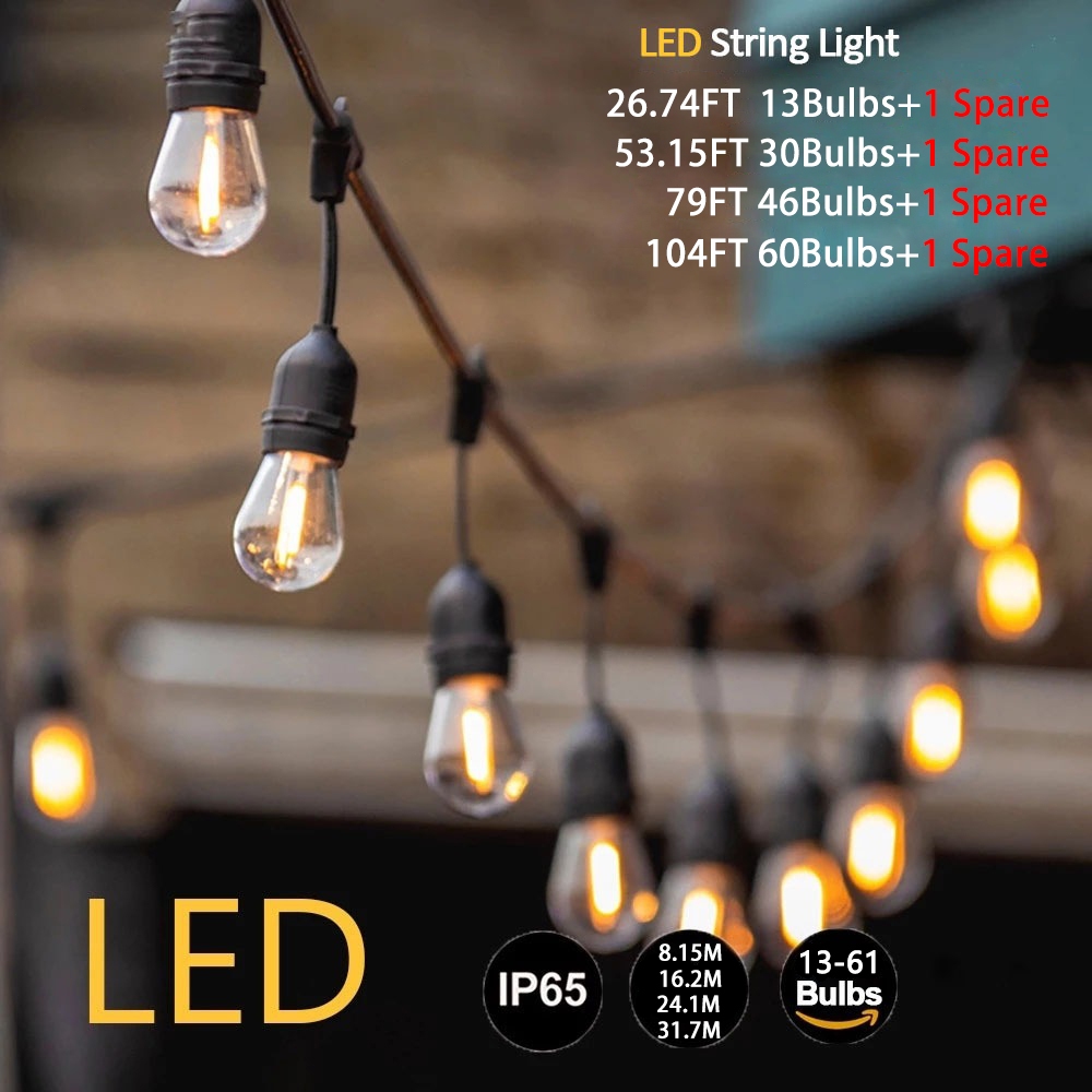 Outdoor String Lights S14 LED Patio String Light Hanging Waterproof ...