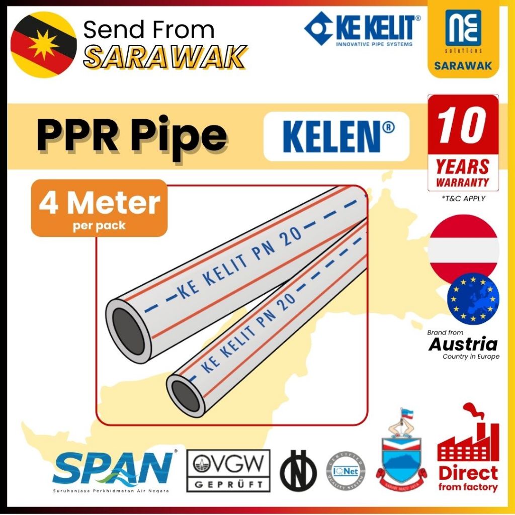 4 METER KELEN PPR PP-R Pipe PN20 for Hot & Cold Water System Drinking ...
