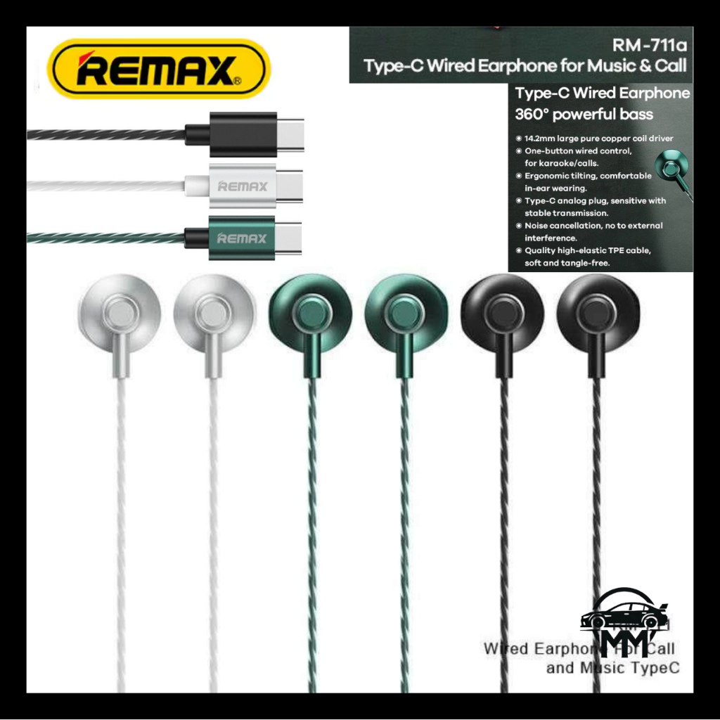 100% Original REMAX RM-711A Type-C Wired Earphone 360° Powerful Bass ...