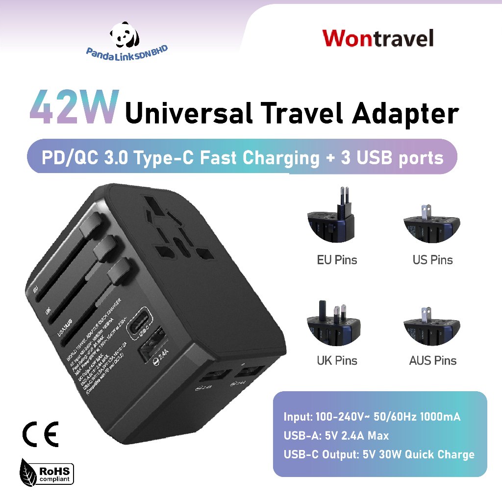 WONTRAVEL 42W PD/QC 3.0 Fast Charging + 3 USB ports Universal ...