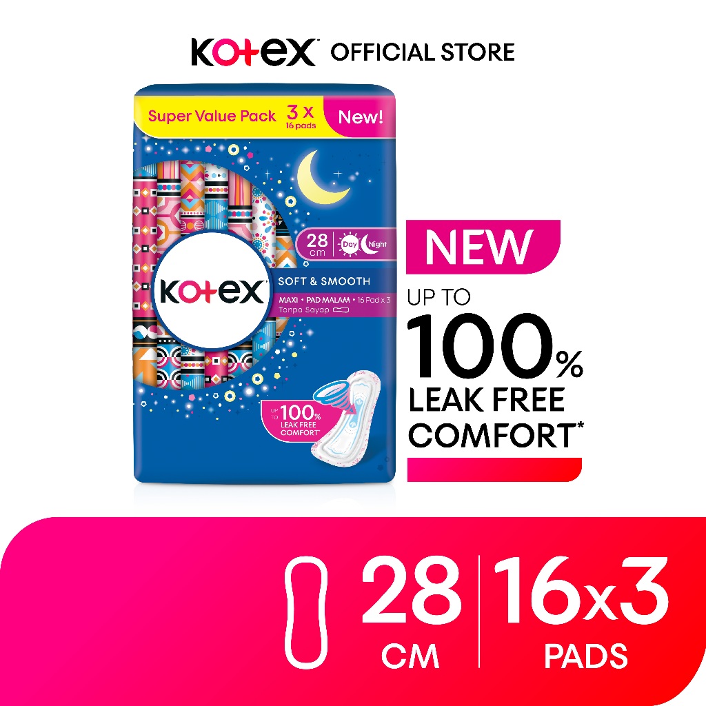 Kotex Soft & Smooth Overnight Non-Wing Pad (28cm/16's x 3 Packs ...