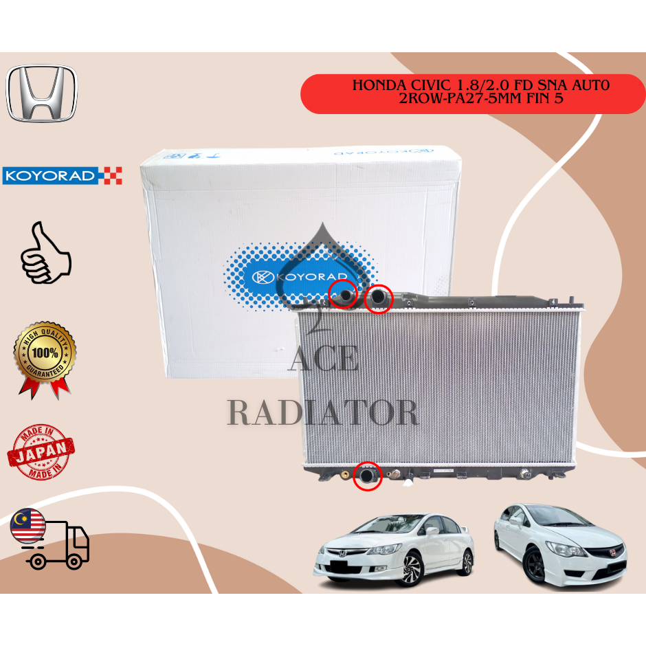 HONDA CIVIC 1.8/2.0 FD SNA AUT0 2ROW-PA27-5MM FIN 5 RADIATOR KOYORAD ...