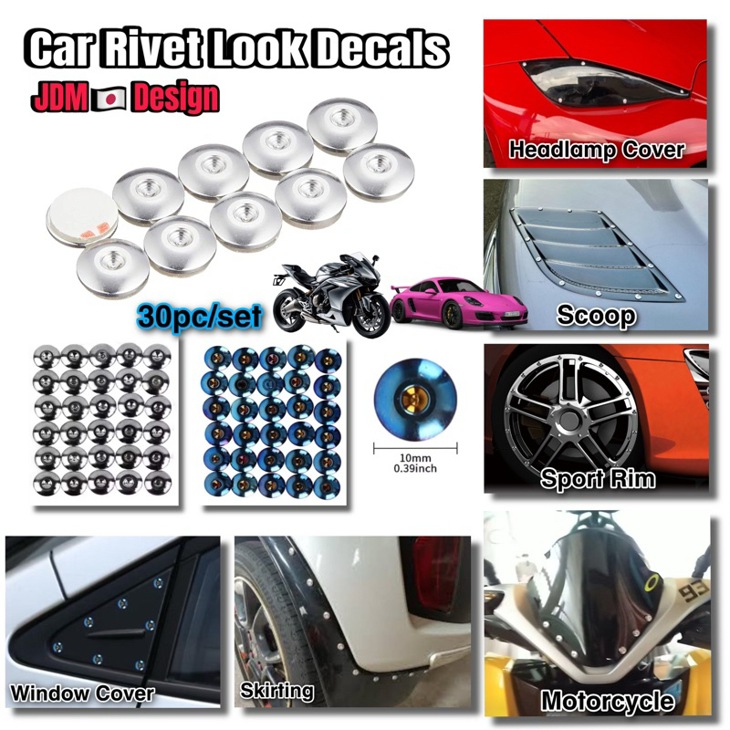 30pc/Set JDM Rivet Look Decal Chrome Valve Bolts Nut Bumper Protector ...