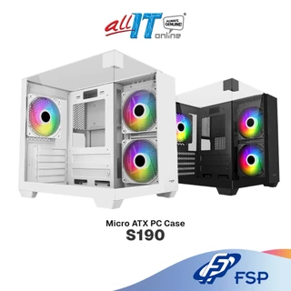 FSP S190 TRIPLE GLASS M-ATX PC CASE / CASING WITH 5 ARGB FANS - BLACK / WHITE