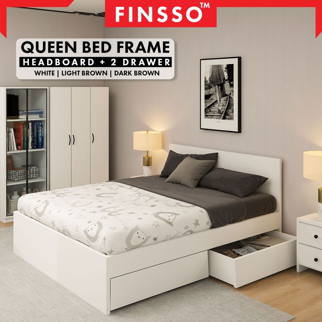 Katil Kayu Queen Minimalis Dengan 2 Storage Drawers and Headboard ...