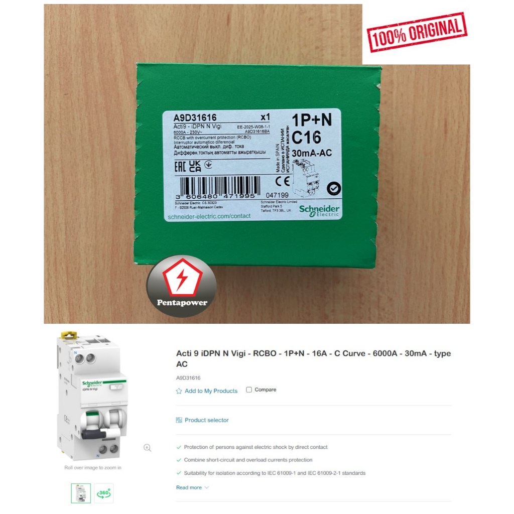SCHNEIDER A9D31616 Acti 9 iDPN N Vigi - RCBO - 1P+N - 16A - C Curve ...