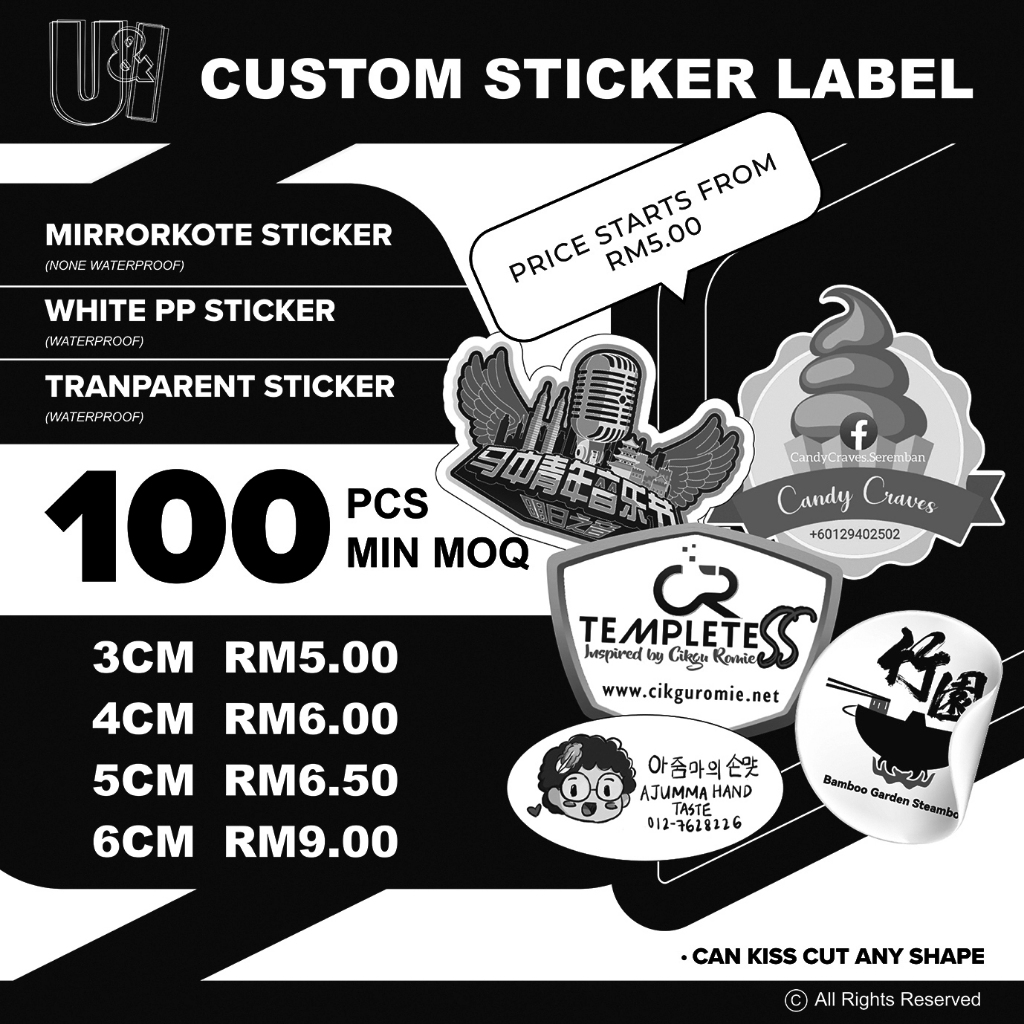 B&W CUSTOM STICKER PRINT ANY SIZE ANY SHAPE | 3CM TO 6CM | 100PCS TO ...