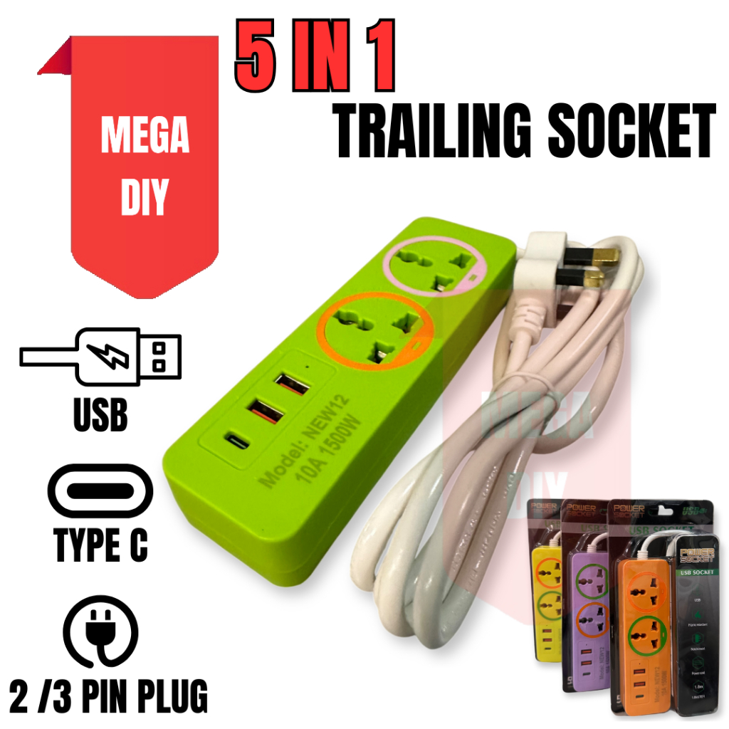 [5 In 1] Multi-Function Extension Wire Extension Plug 2 Way Multi Plug ...