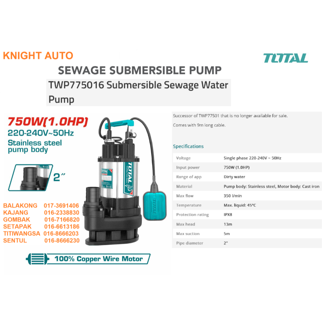 TOTAL Submersible Sewage Water Pump Dirty water 2