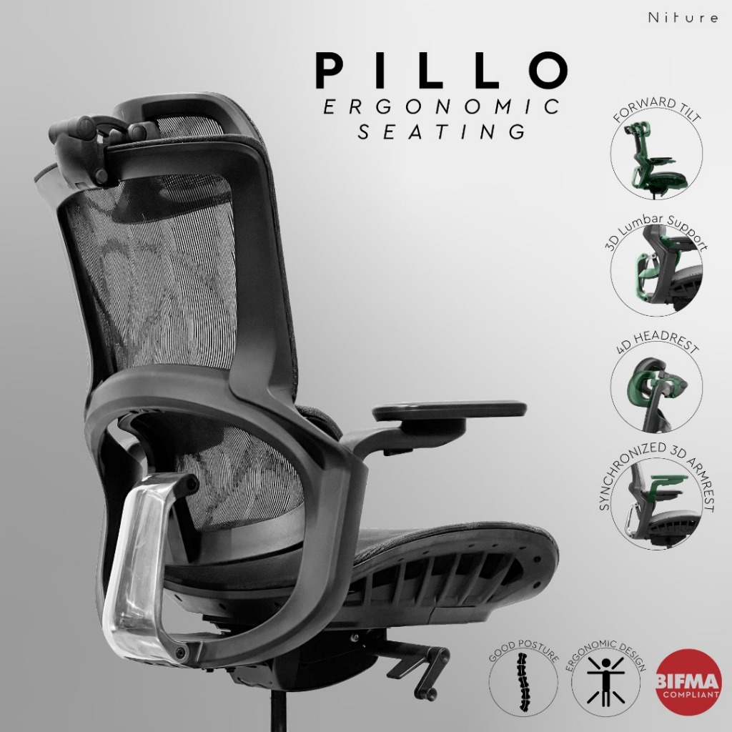 PILLO Office Chair/Ergonomic Chair/High Back Mesh Chair/Kerusi Office ...