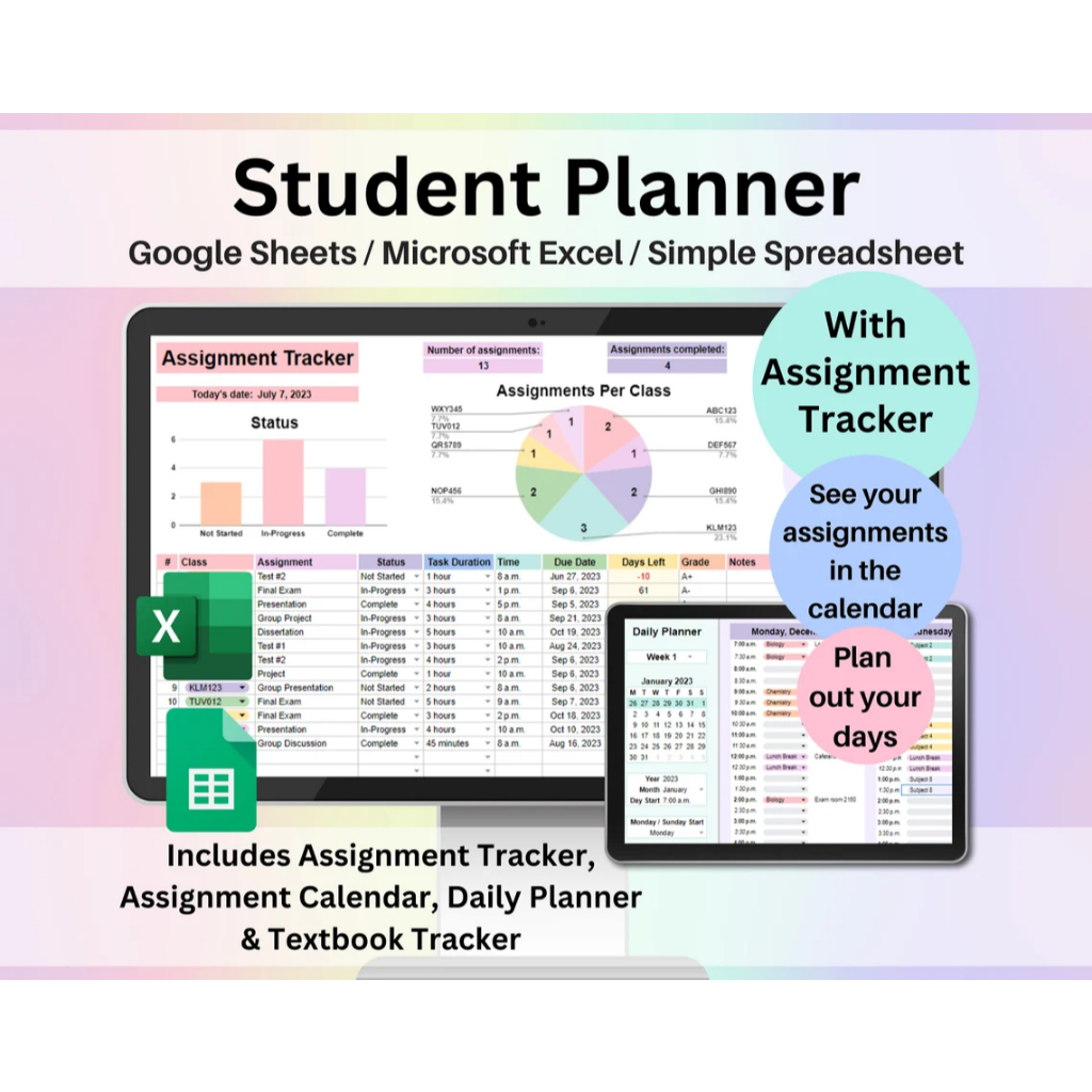 Student Planner & Assignment Tracker Google Sheets Excel College ...