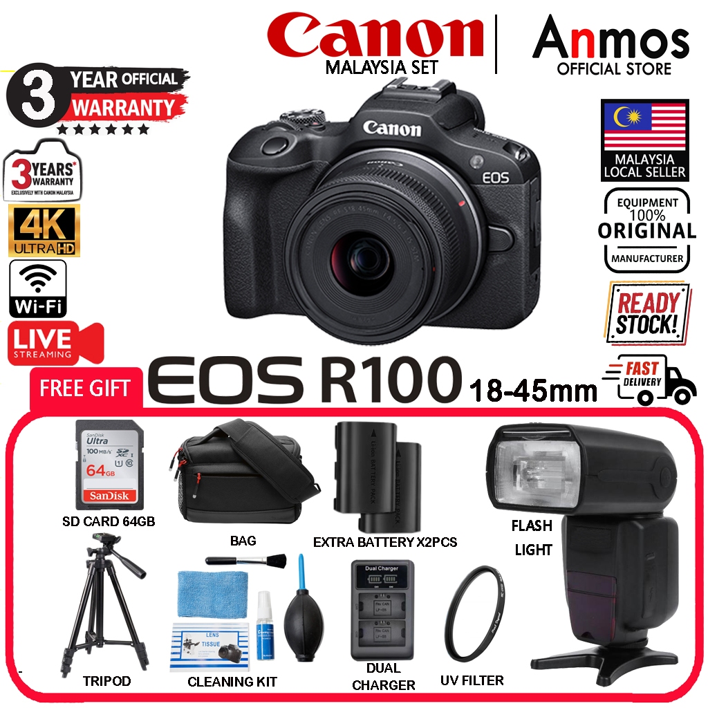 Canon EOS R100 Mirrorless Camera Body with RF-S 18-45mm Lens VLOG SET ...