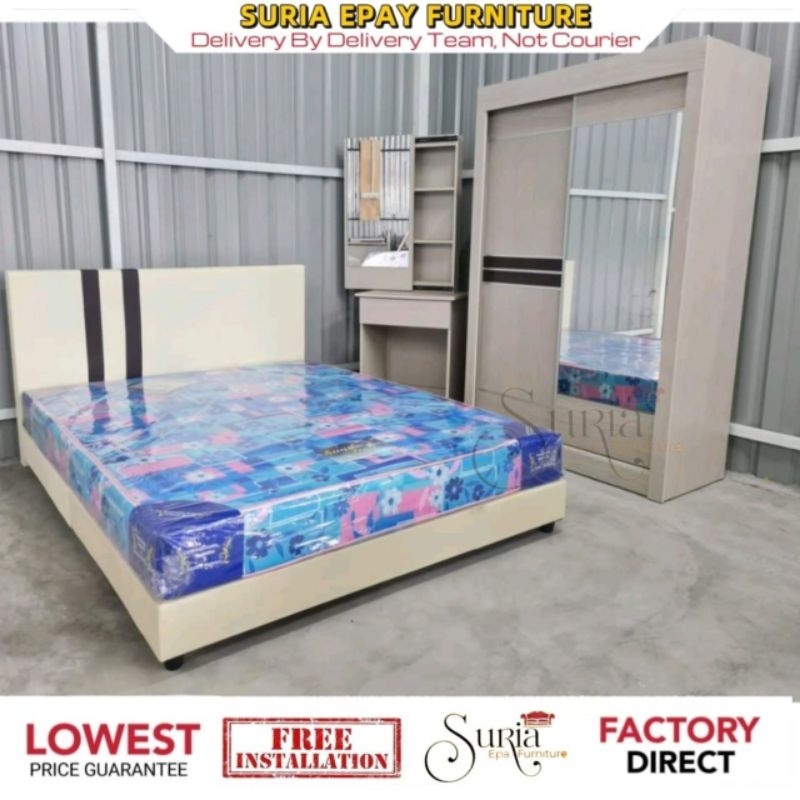 [SIAP PASANG]Bedroom Set 4' x 6'(Divan Queen + Wardrobe + Dressing ...