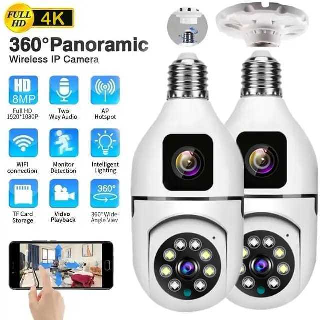 CCTV Dual Lens Bulb Camera 360°Rotate Light Bulb 1080P HD Wireless ...