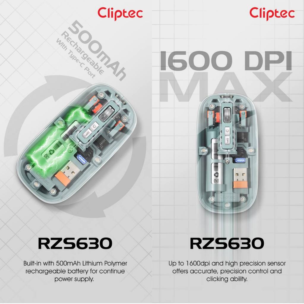 CLIPTEC RZS630 2 4GHZ 1600DPI TRANSPARENT RECHARGEABLE SILENT WIRELESS 
