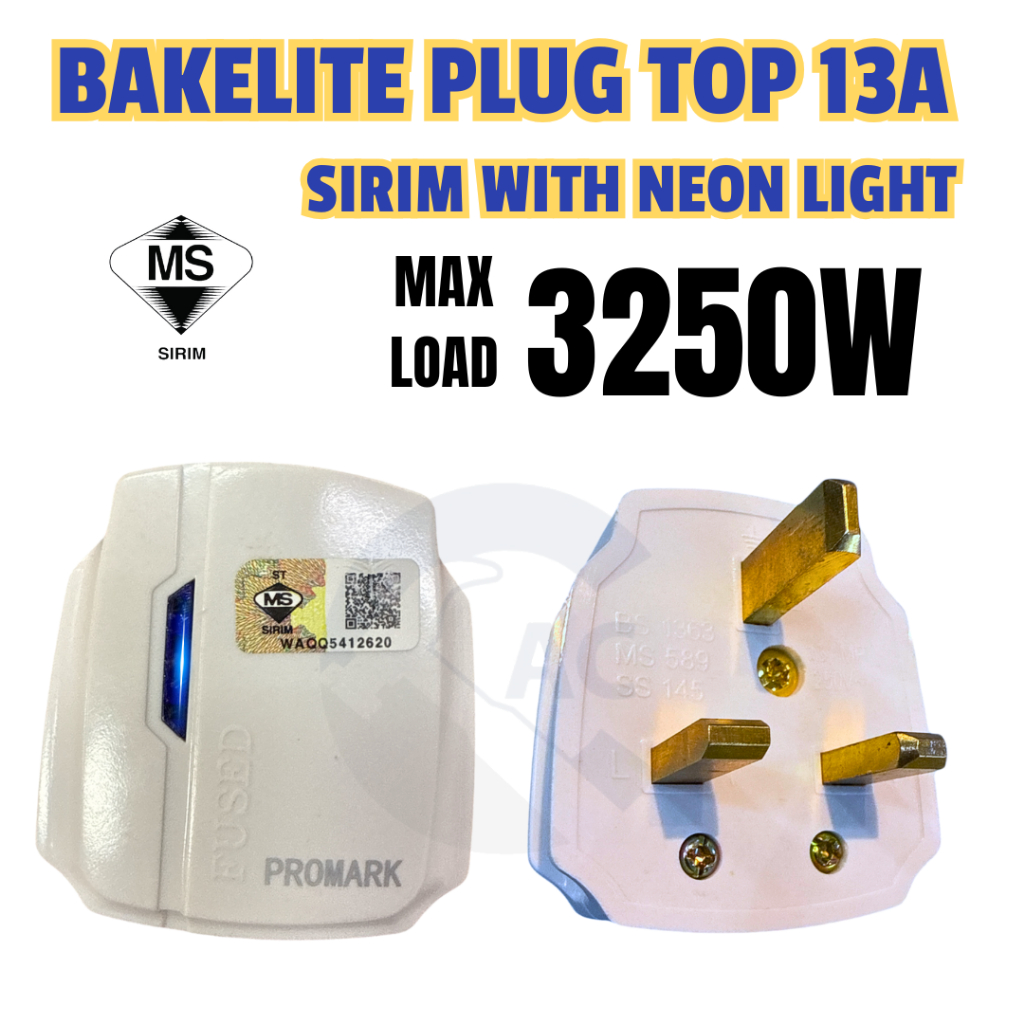 Promark 13A Bakelite UK Plug Top | Kepala Plak | 3Pin with LED ...