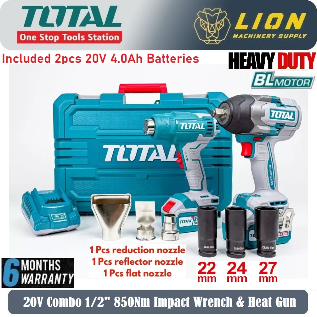 TOTAL Li-ion Combo Kit w/ Brushless Impact Wrench (850Nm) & Heat Gun ...