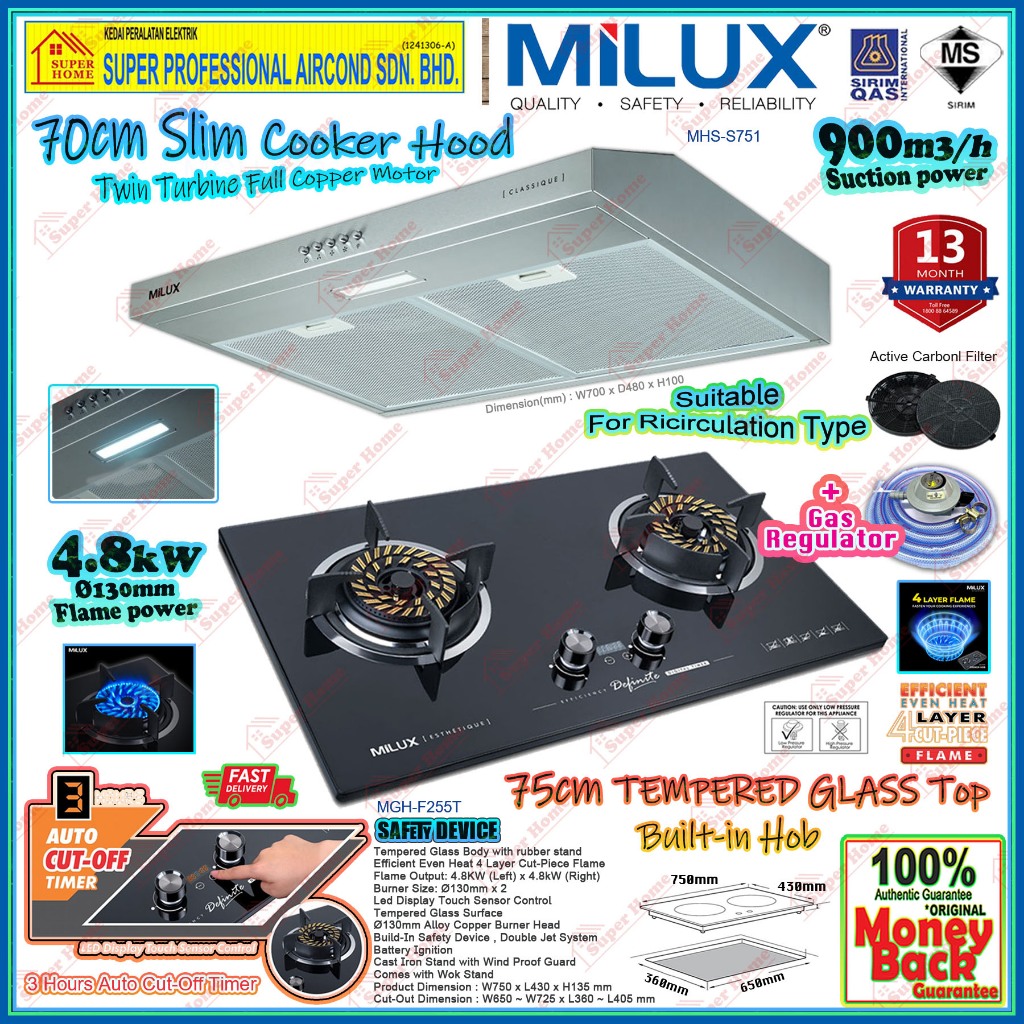 Milux Cooker Hood MHS-S751 Slim Hood (70cm) / Milux Built-in Hob MGH ...