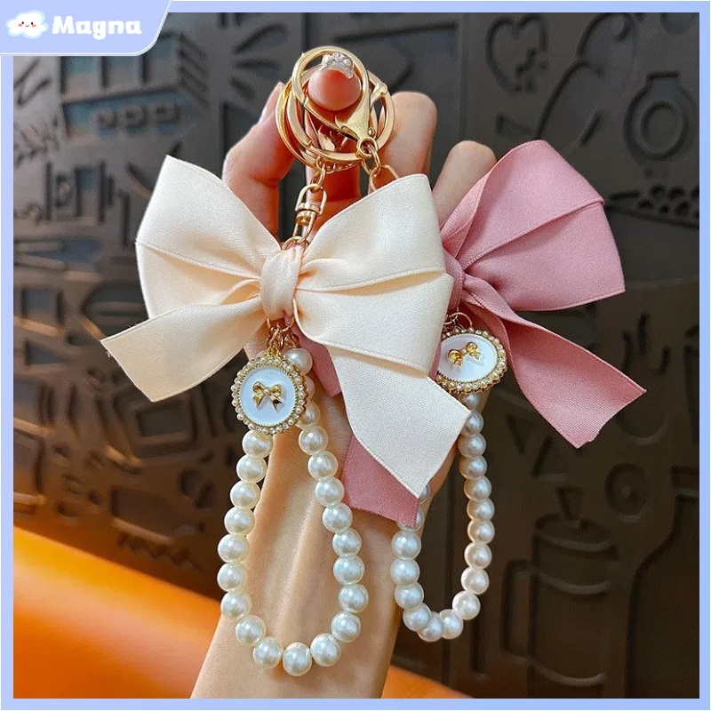 Cute Pearl Chain Key Ring Ins Style Large Pearl Bow Keychain Pendant ...