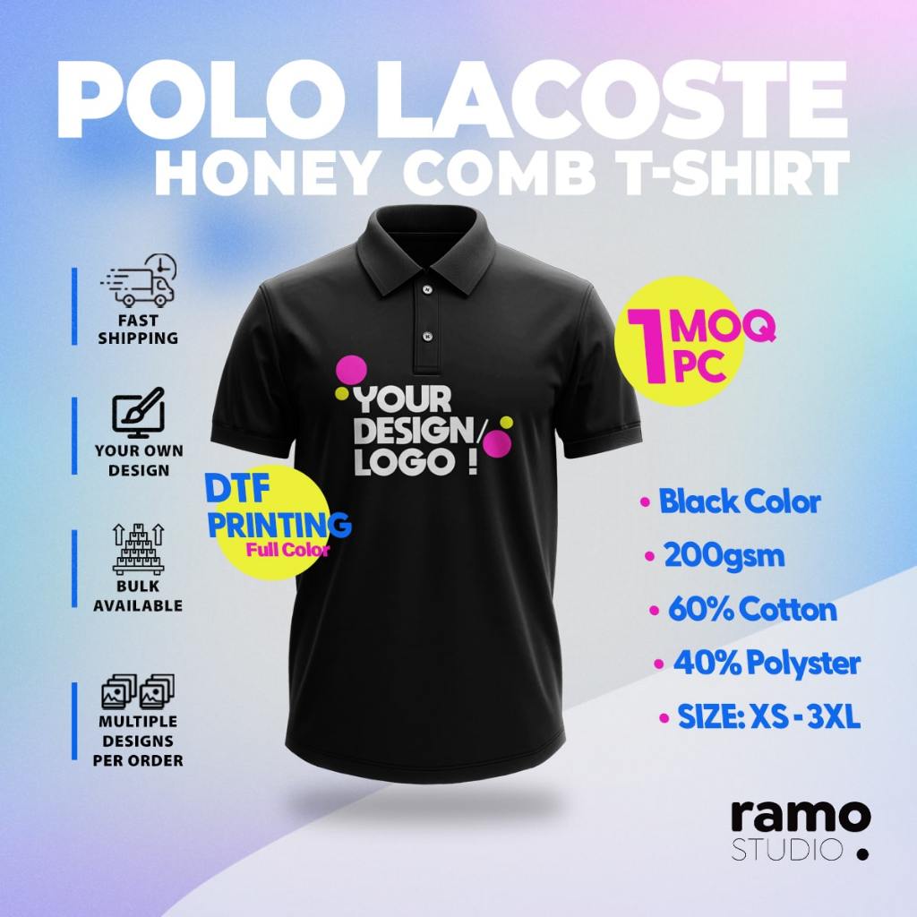 Tshirt BLACK POLO Coller Honey comb \ black color tshirt DTF full color ...