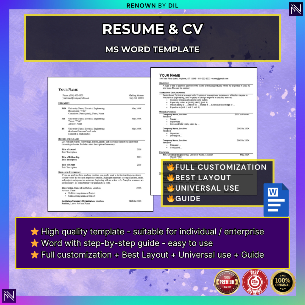 Resume & CV - Word Template | Guide + Full Customization + Easy Print ...