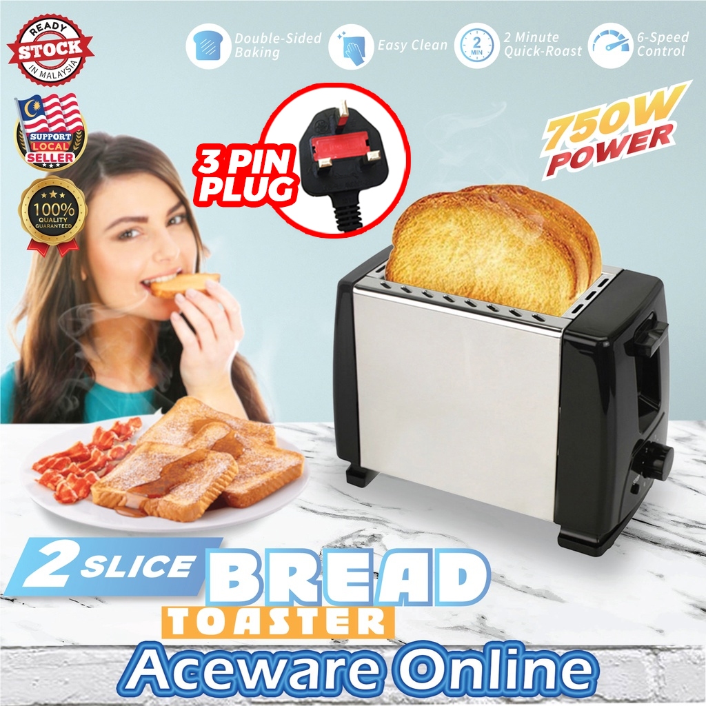 3 Pin Plug 2 Slice Bread Toaster Oven Stainless Steel Pembakar Roti ...