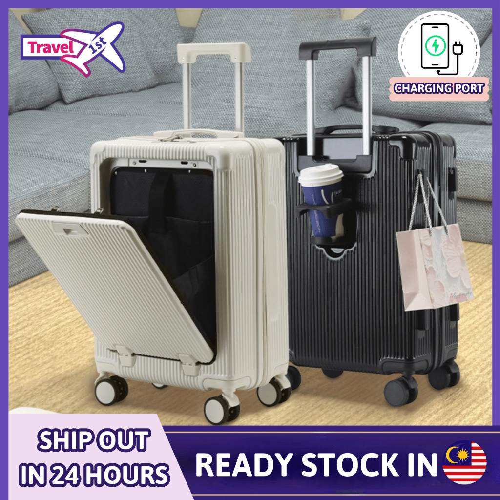 [Premium] Luggage with Front Opening Cup Holder USB Charging Port ...