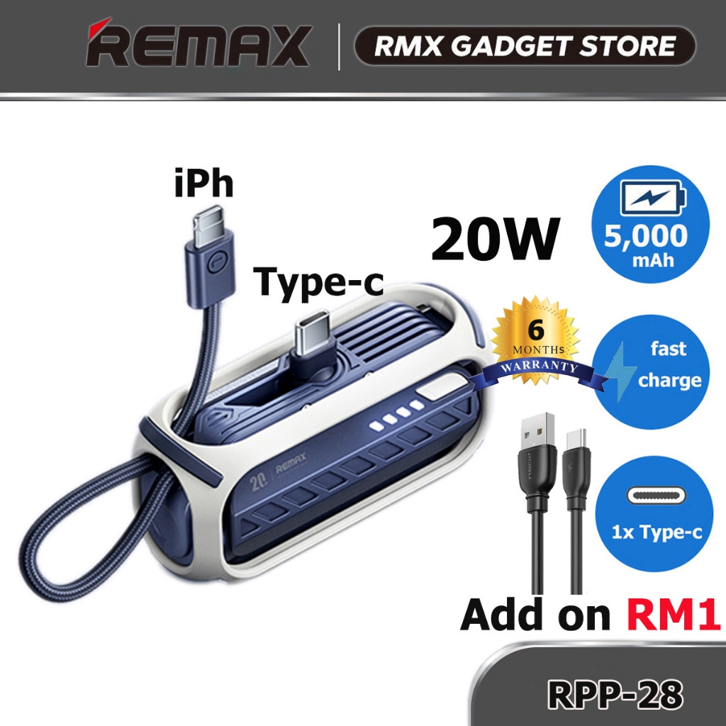 Remax 20W Fast Charge Mini 5000mAh PowerBank with Built in Cable for ...