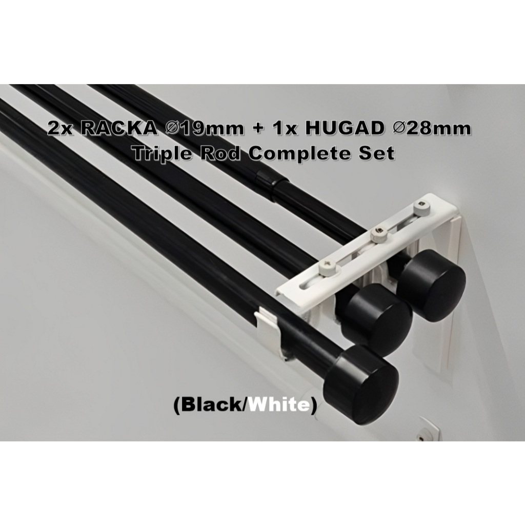 RACKA/HUGAD Triple Adjustable Curtain Rod Complete Set Finials & Wall ...