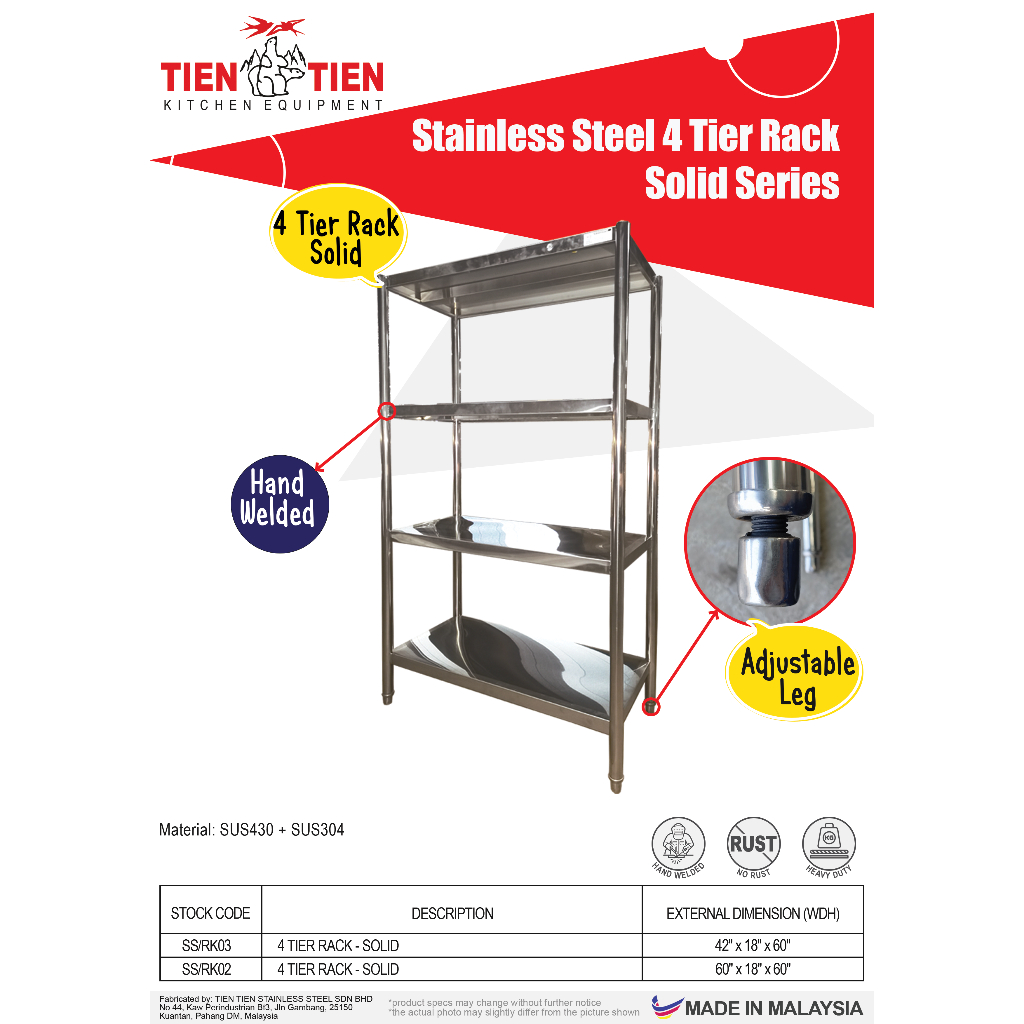 TIEN TIEN Stainless Steel 4 tier Rack with Solid Shelf ( SS023 ) SS ...