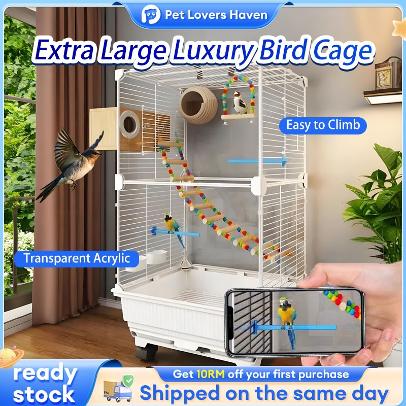 View of Extra-Large Luxury Bird Cage with Multiple Doors, Rolling Wheels, and ...