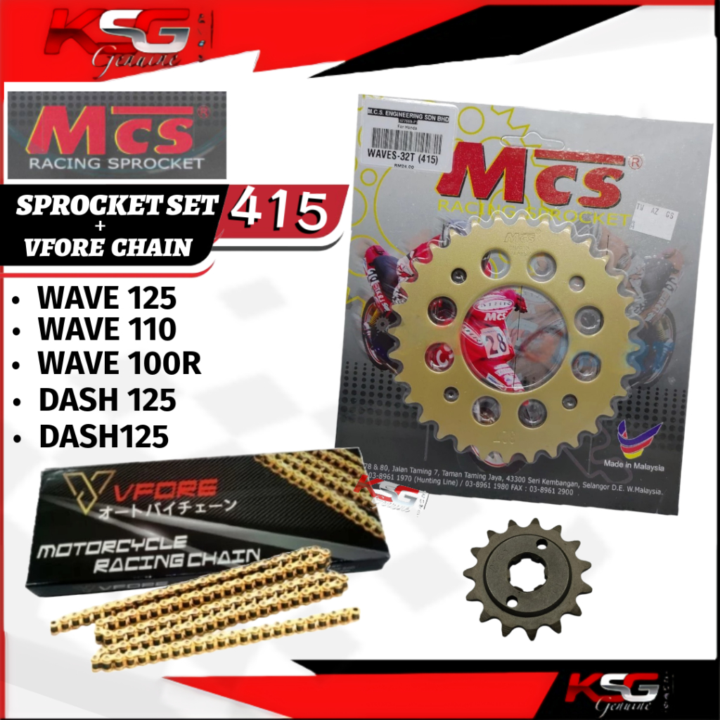 MCS 415 SPROCKET SET + VFORE GOLD CHAIN WAVE125 WAVE110 WAVE100R Chain ...