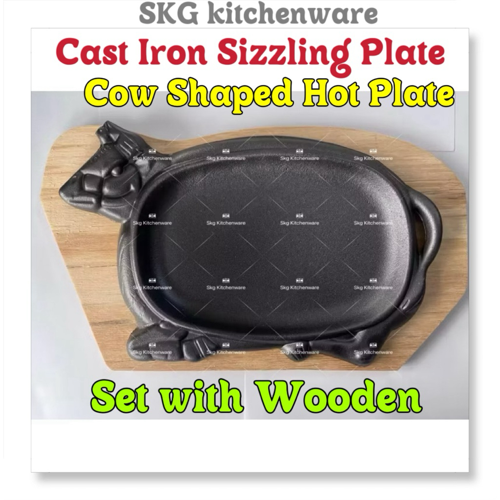 Cast Iron Cow Shape Sizzling Steak Plate With Wooden Board 铸铁牛型鐵板伊面铁板烧 ...