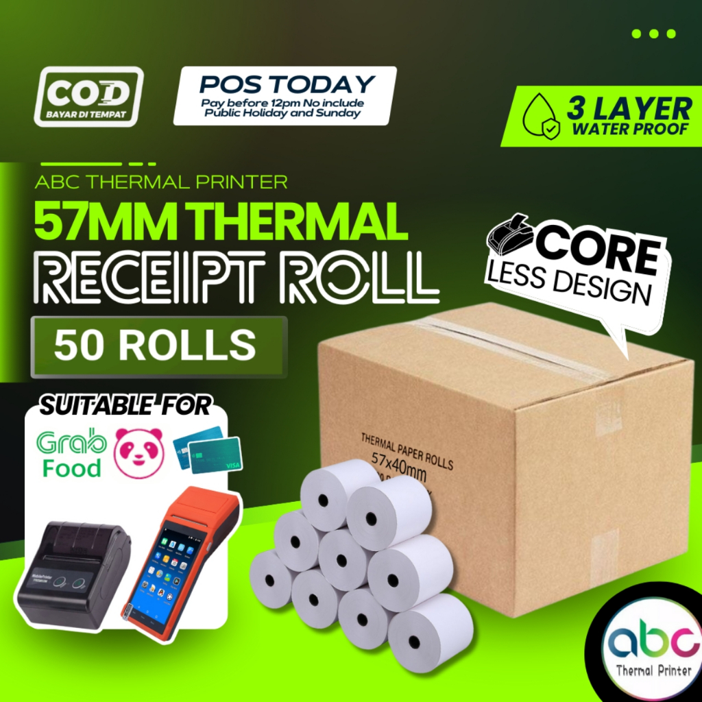 【50 rolls】57*40mm Thermal Receipt Paper Roll , Kertas fit 58mm mini ...