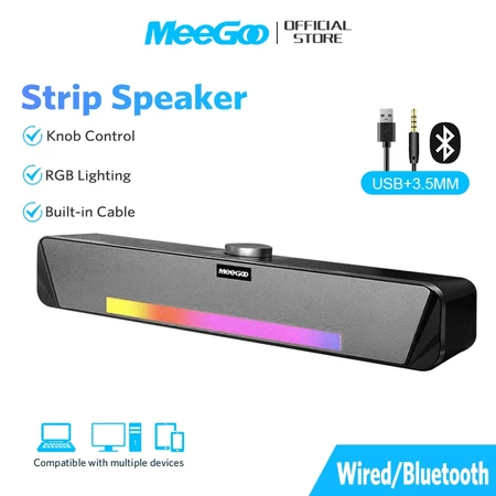 MeeGoo Bluetooth Speaker RGB Wireless Soundbar BASS Stereo Speaker Subwoofer for Desk Computer PC Home Theater