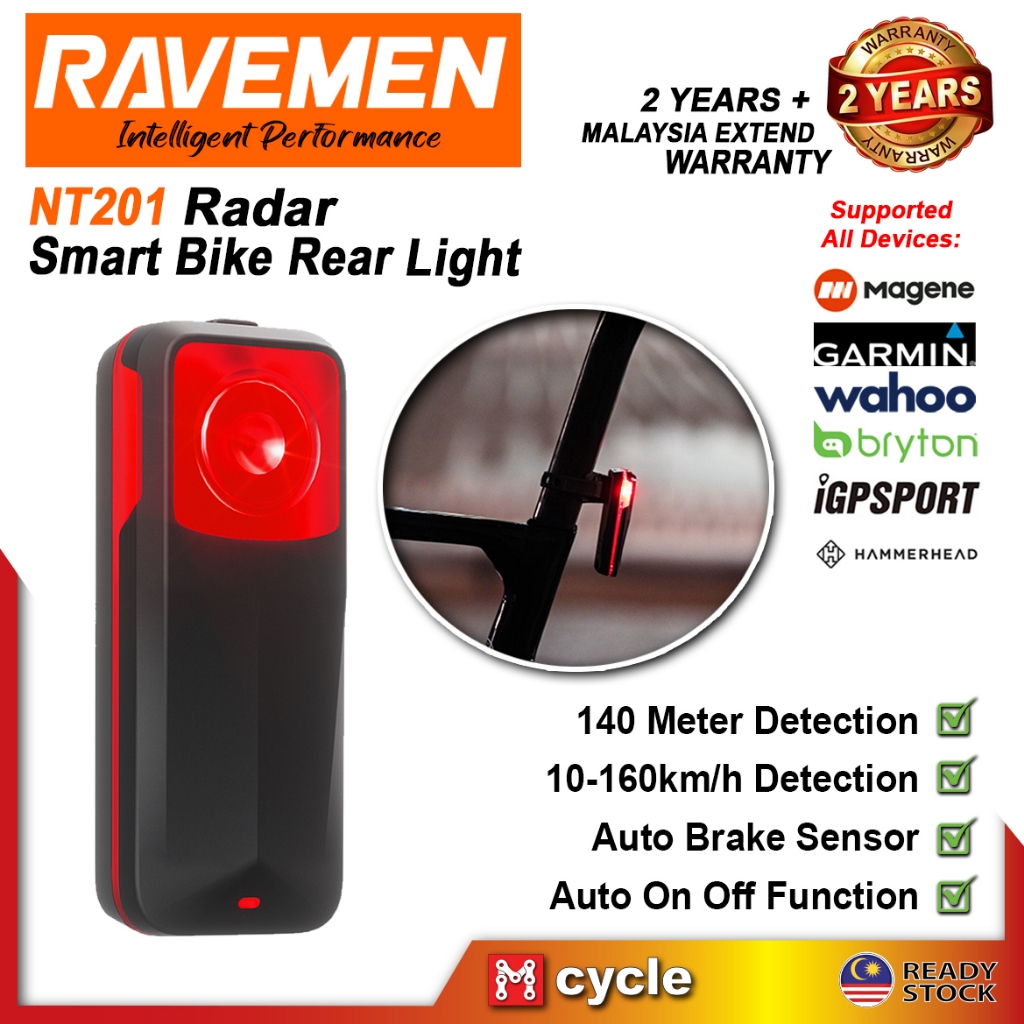 RAVEMEN NT201 Radar fietsachterlicht, 80 lumen groothoekfietsachterverlichting met visuele en geluidsalarm, compatibel met Ant voor nachtelijk rijden in de stad