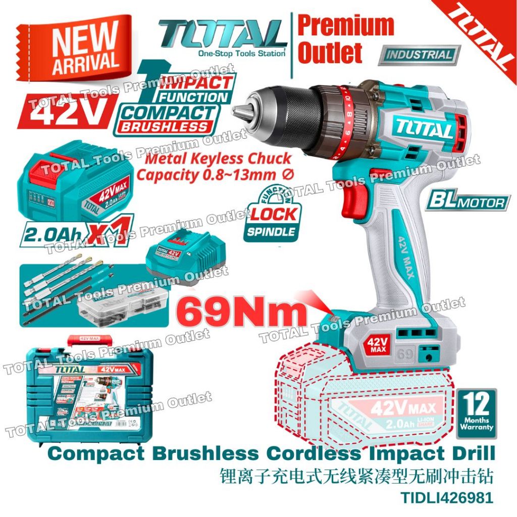 TOTAL Tools P42m 42V series 69Nm Compact BL Cordless Impact Drill ∅13mm ...