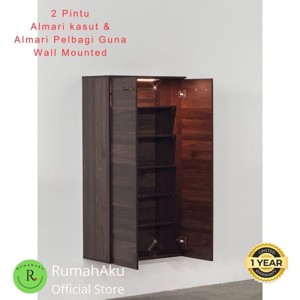 LED & 2 pintu almari kasut/Wall Mounted with golden handle/storage rack ...