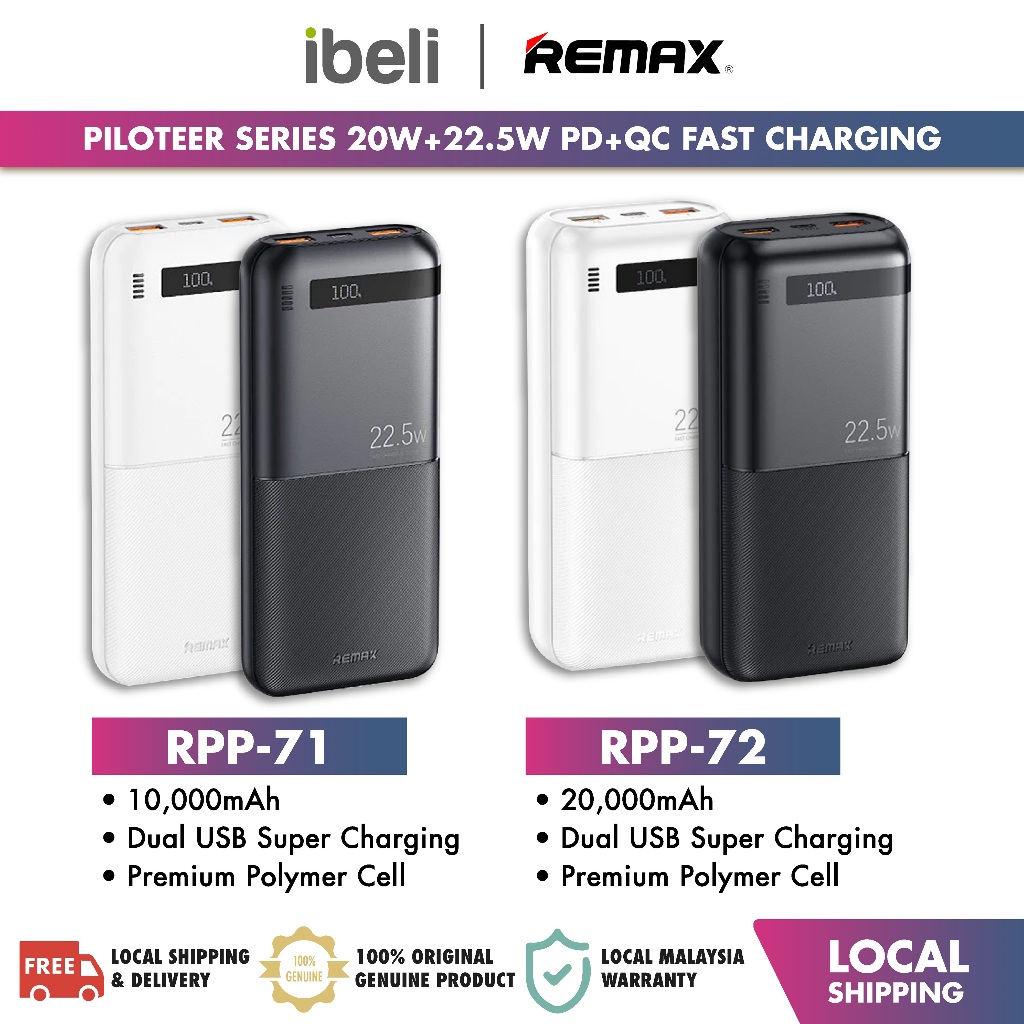 REMAX RPP-71 10,000mAh / RPP-72 20,000mAh Piloteer Series 20W+22.5W PD ...