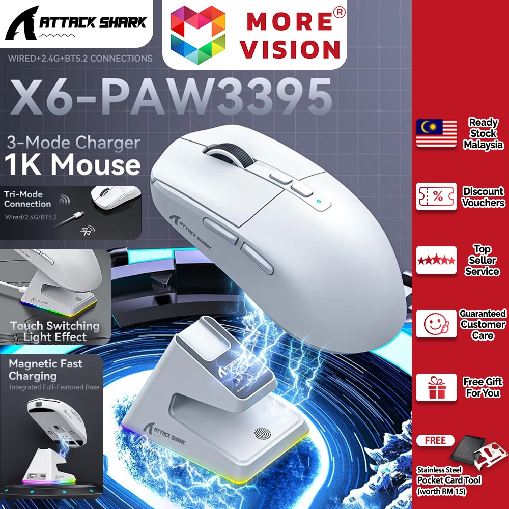 Attack Shark X6 Wireless Mouse PAW3395 Tri-Mode Bluetooth Cable RGB ...