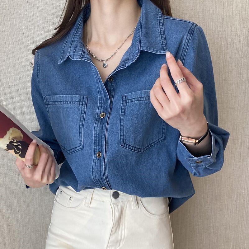 C024 LONG SLEEVE JEANS DENIM TOP BLOUSE 复古港风蓝色衬衣牛仔衬衫