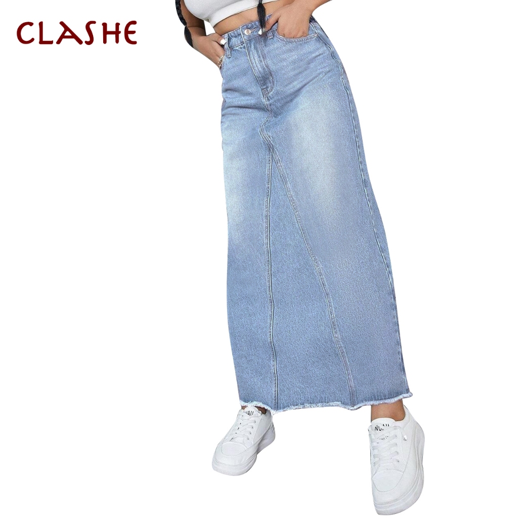 Clashe Long Denim Skirts For Women Korean Style Stylish Pockets Trend Skirt Shopee Malaysia